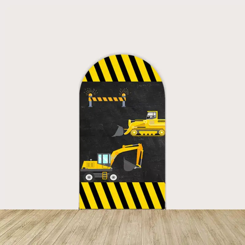 Right panel with excavator and bulldozer graphics, yellow-black stripes, and road barriers—great for truck-themed birthday decor.