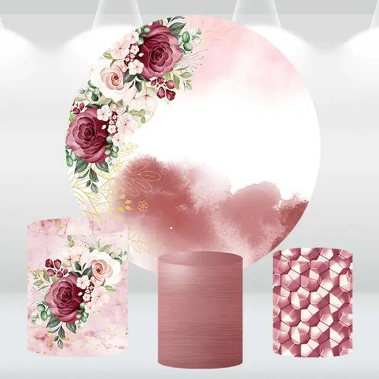 Burgundy rose and floral-themed round backdrop with three matching cylindrical pedestal covers featuring floral, marble, and geometric designs.
