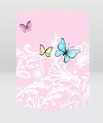 pink backdrop cylinder cover with blue, yellow, and pink butterflies over white ornate design