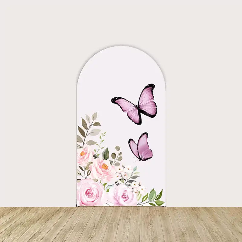 Pastel backdrop featuring two purple butterflies and floral decorations, creating a delicate, whimsical look for a baby shower or gender reveal.