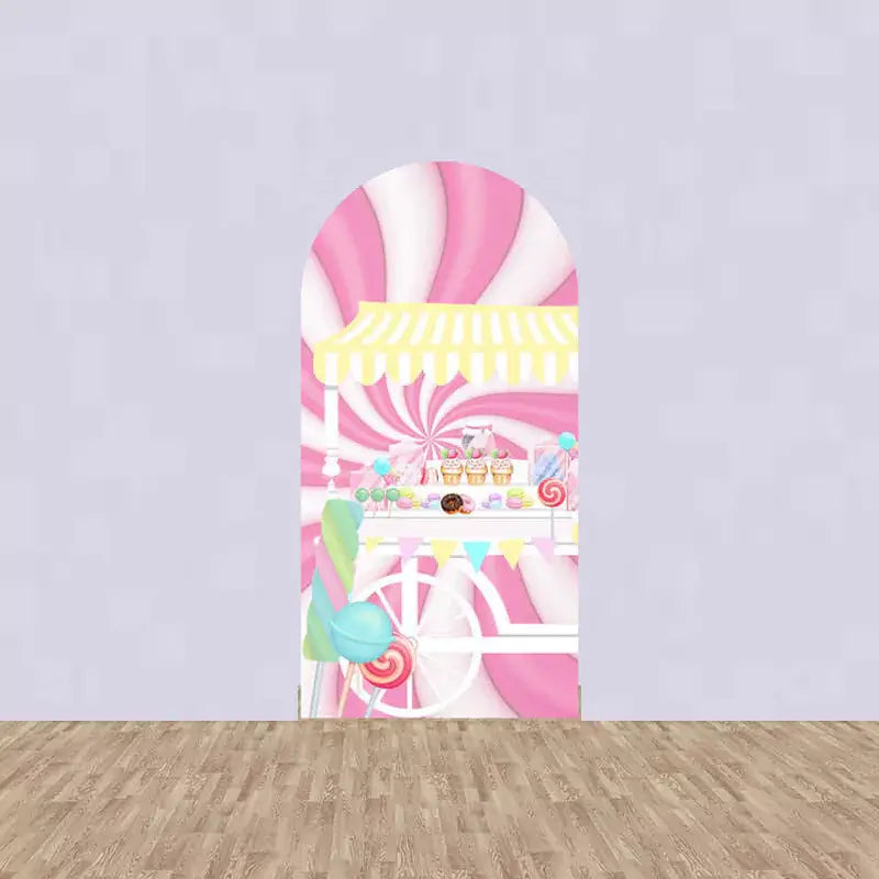 Left panel with a yellow-striped candy cart full of cupcakes, sweets, and lollipops over a pink and white swirl background—perfect for candy-themed events.