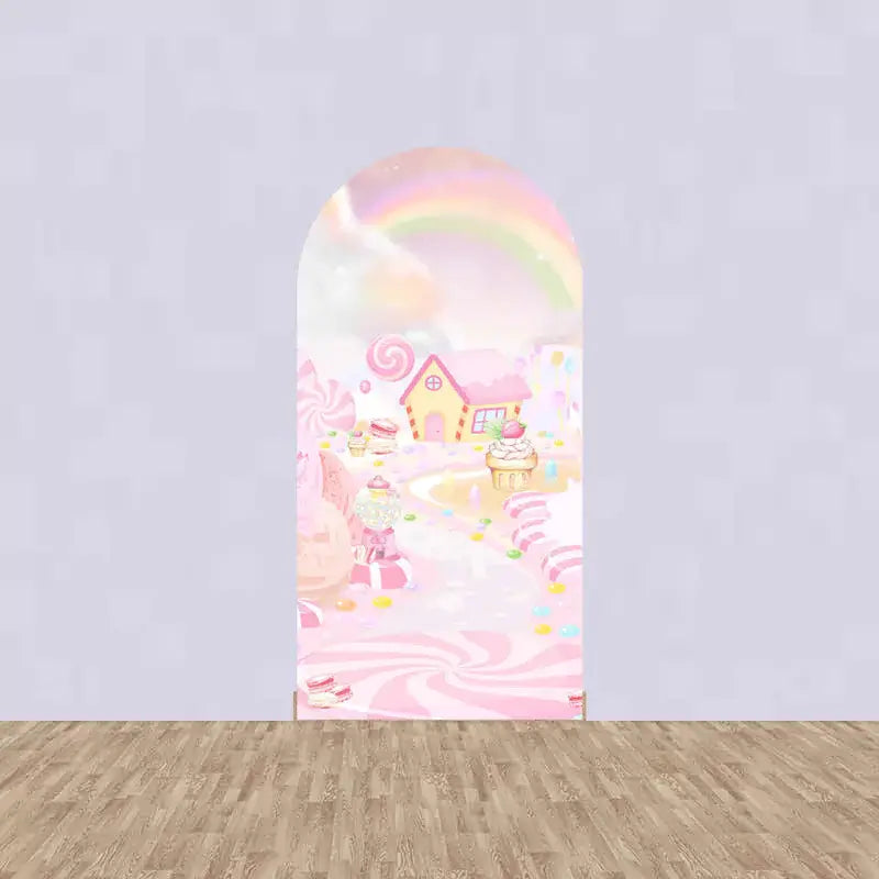 Center arch featuring a pastel candy house, cupcake road, gumball machine, and rainbow—ideal for whimsical birthday or sweet-themed baby showers.