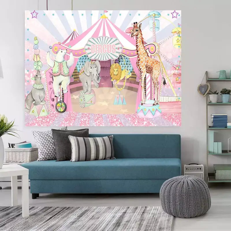 Carnival-themed backdrop featuring pink circus tent, acrobatic animals, and pastel decorations – ideal for kids’ birthday parties and dessert tables.