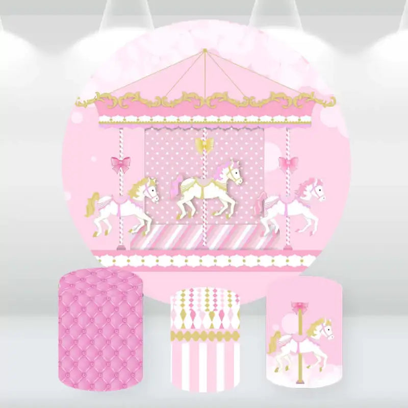 Round backdrop with pink carousel design and three cylindrical covers in coordinating pink and gold patterns, ideal for baby showers and birthday parties.