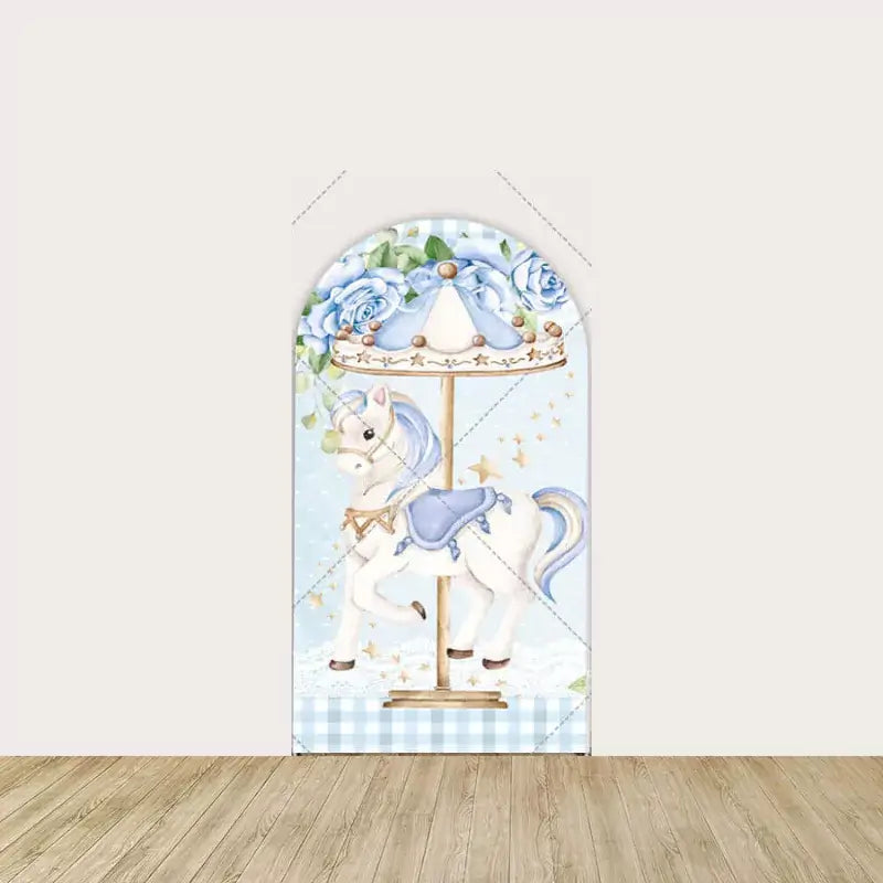 Right arch panel featuring a merry-go-round horse with blue saddle and carousel canopy surrounded by blue roses and stars.