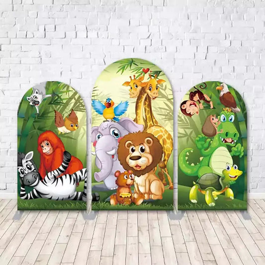 Three-panel jungle-themed party backdrop featuring cartoon animals including lion, elephant, giraffe, zebra, crocodile, monkey, owl, and turtle.