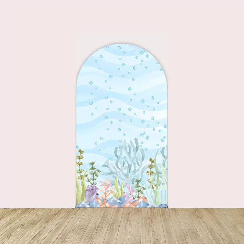 Center arch with swirling ocean waves, rising bubbles, and marine plants in a soft watercolor style.