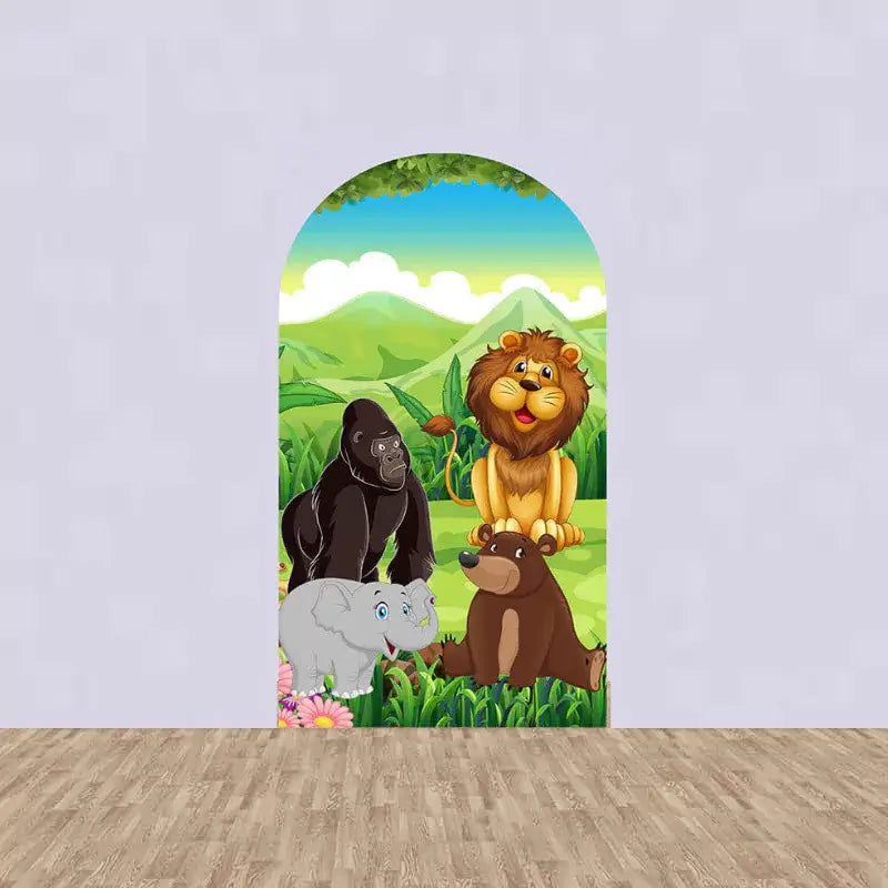 Center panel showing a lion, gorilla, bear, and two elephants in front of rolling green hills and jungle.