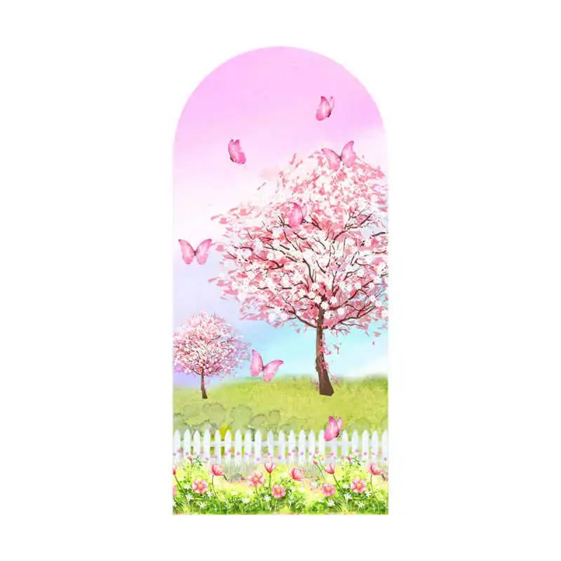 Center panel features a large blooming cherry tree, green grass, white picket fence, and butterflies in a soft pink sky.