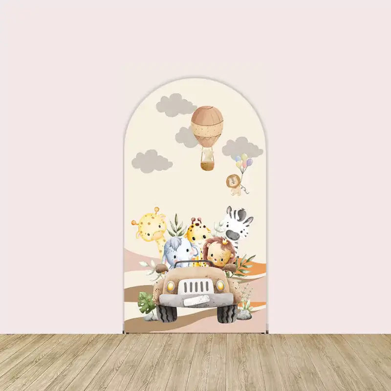 Baby safari animals in a jeep with floating balloons and a lion in a hot air balloon.