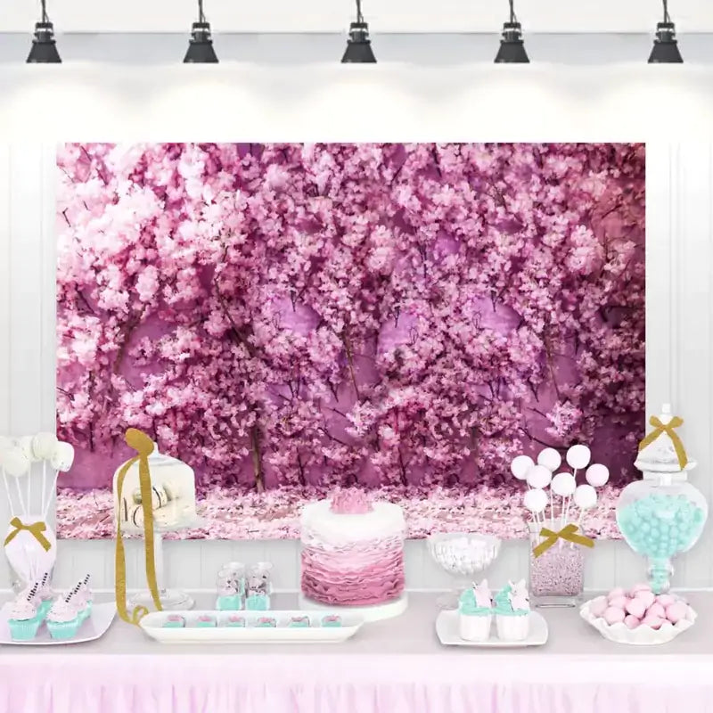 Cherry blossom birthday backdrop with pink and purple flowers – ideal for springtime events, baby showers, or feminine celebrations