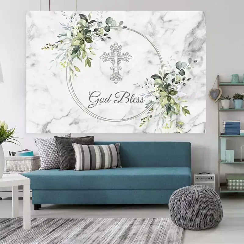 Floral God Bless backdrop for baptism or dedication ceremonies, featuring delicate greenery, marble stone pattern, and Christian cross design