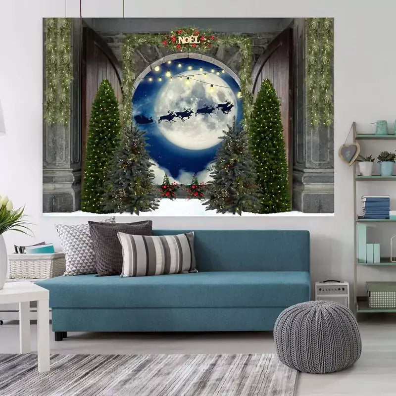 Magical Santa sleigh and reindeer silhouette flying over a glowing moon, surrounded by decorated fir trees and festive greenery – ideal Christmas party backdrop