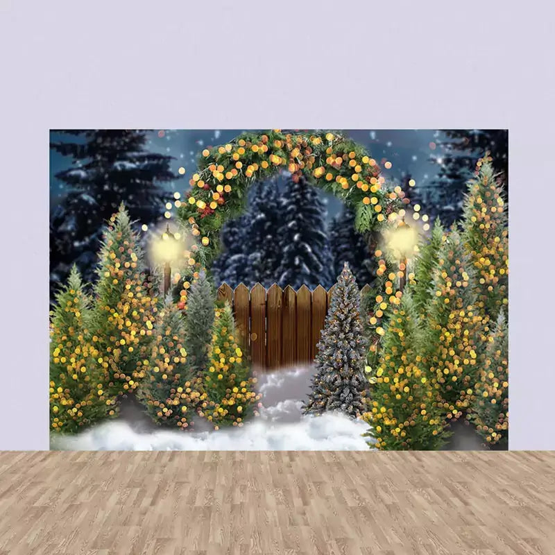 Holiday backdrop featuring a snow-covered garden and lit Christmas trees, great for seasonal parties and photos.