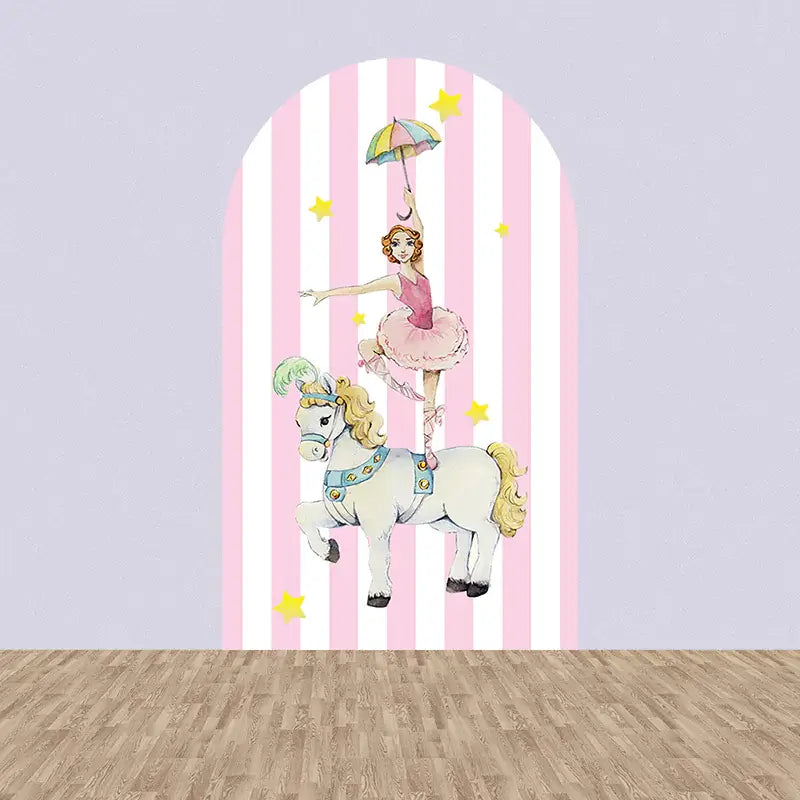 Left panel with pink-and-white stripes and a ballerina riding a white horse holding an umbrella—circus-themed party decoration for girls.