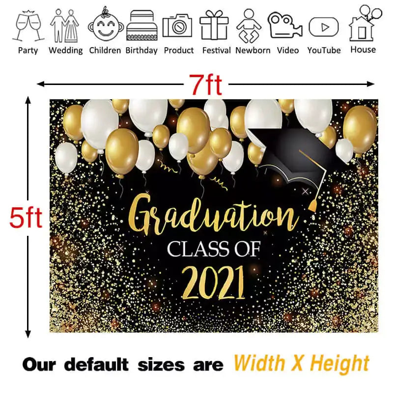 Black and gold graduation backdrop with balloons and sparkling confetti – ideal for graduation ceremonies, parties, and photo booths
