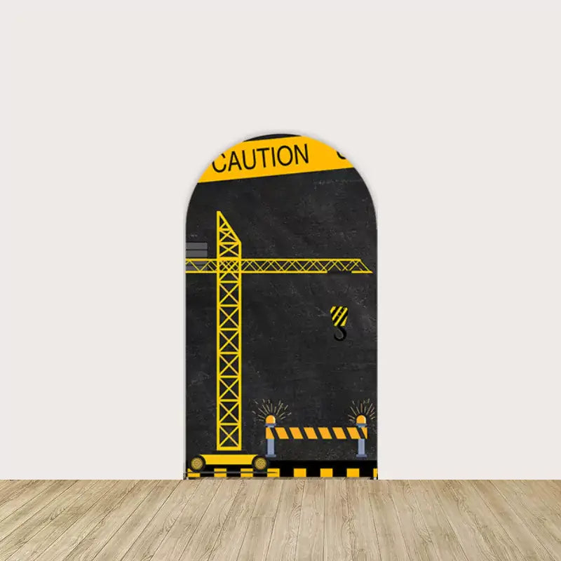 Left panel with tall yellow crane, caution tape, and safety barricades—ideal for construction-themed party setup.