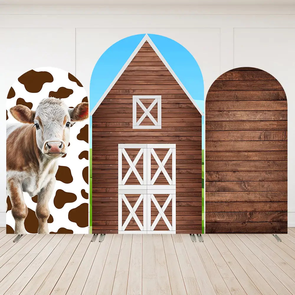 Wooden-pattern arched backdrop cover with rich brown tones, ideal for farm, country, or barnyard-themed event decorations.