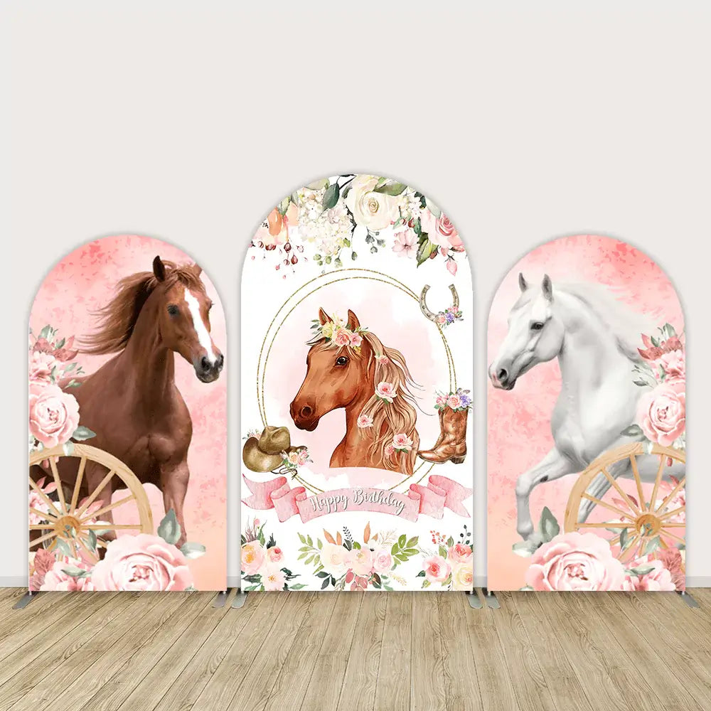 Three-panel horse-themed arch backdrop set with brown and white horses, roses, wagon wheels, and floral “Happy Birthday” centerpiece.