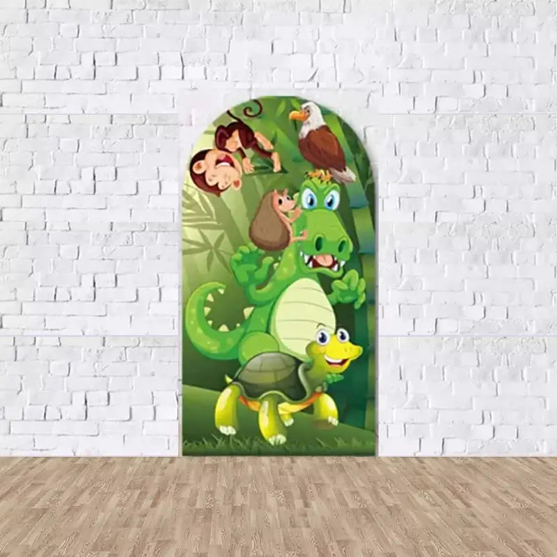 Right arch with cartoon crocodile, turtle, monkey, eagle, and hedgehog in a lush jungle background—ideal for wild animal party decor.