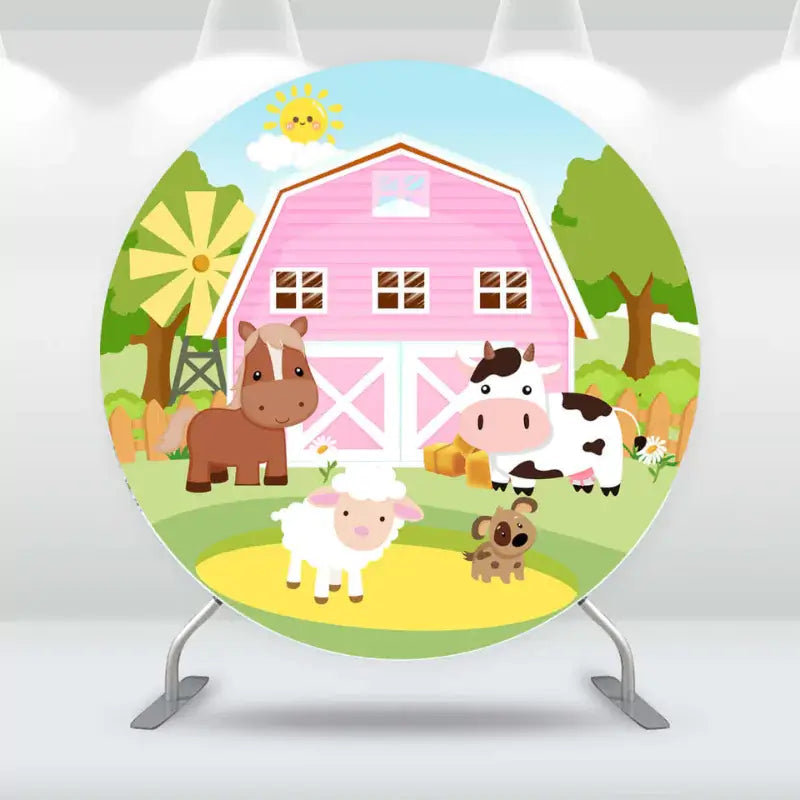 Personalized farm backdrop for a birthday party with cute animals and a pink barn.