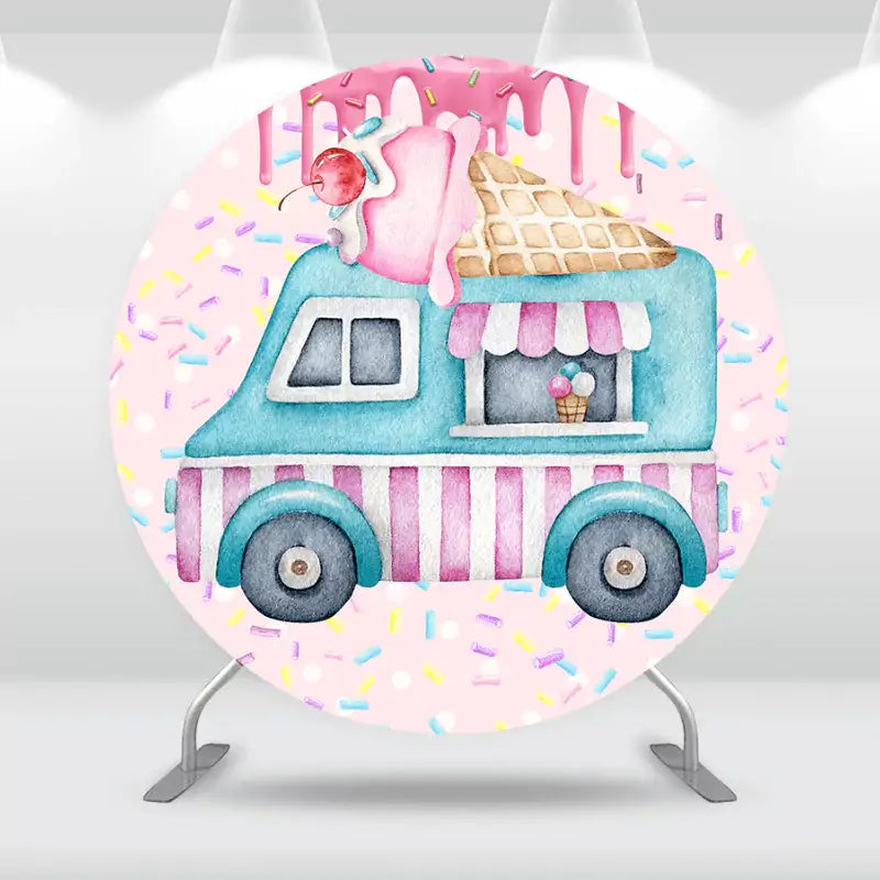 Watercolor ice cream truck with pink sprinkles and a cherry on top – perfect backdrop for a sweet birthday or ice cream-themed party