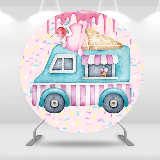 Watercolor ice cream truck with pink sprinkles and a cherry on top – perfect backdrop for a sweet birthday or ice cream-themed party