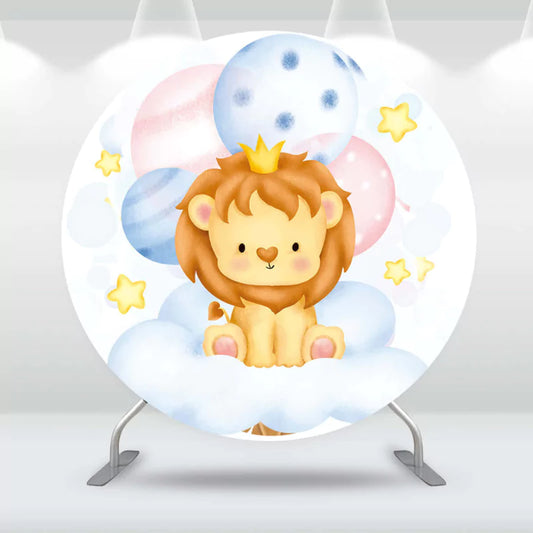 Adorable baby shower backdrop featuring a cute lion with a crown, clouds, and pastel-colored balloons.
