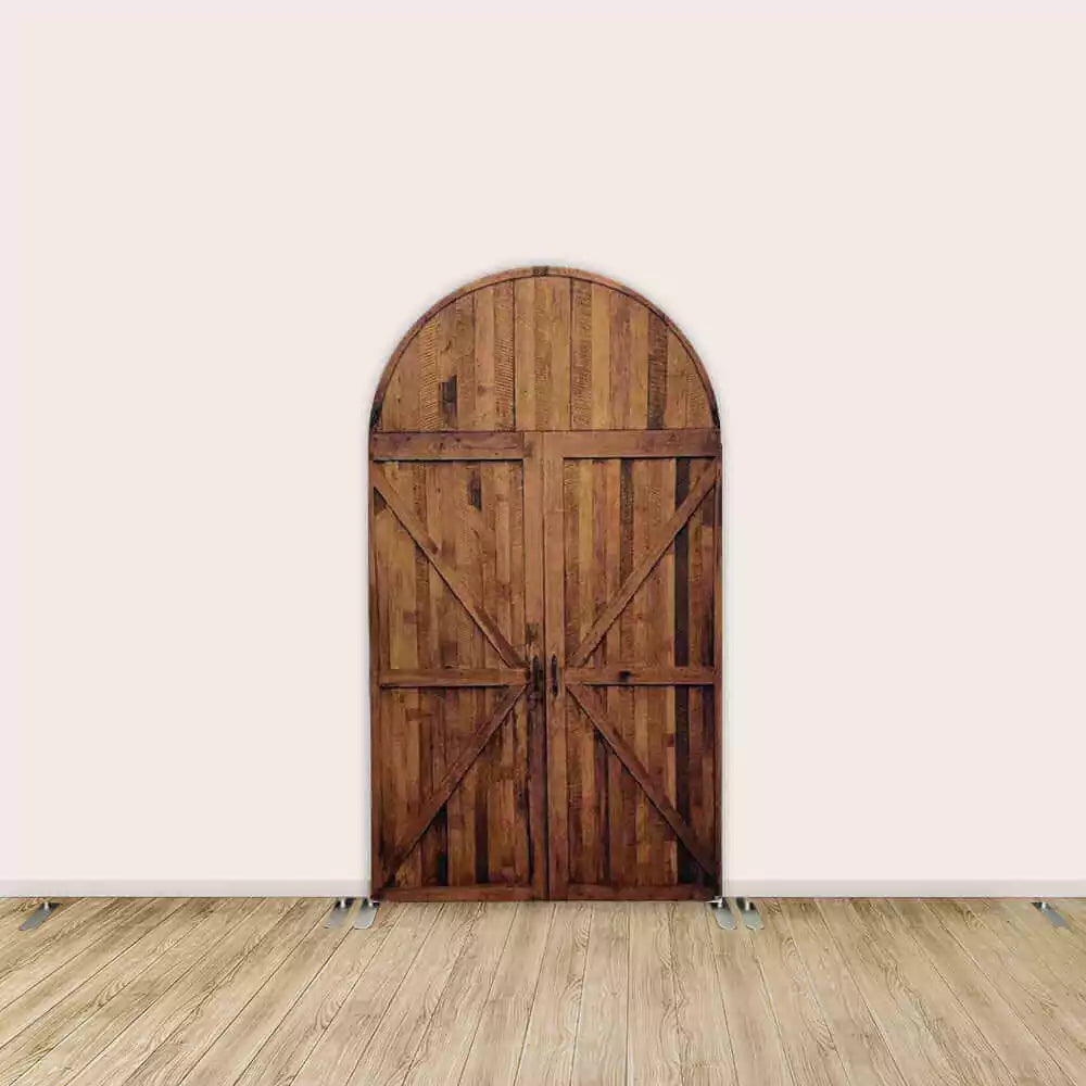 Rustic wooden barn door backdrop, ideal for creating a classic farm ambiance at a barnyard-themed event.