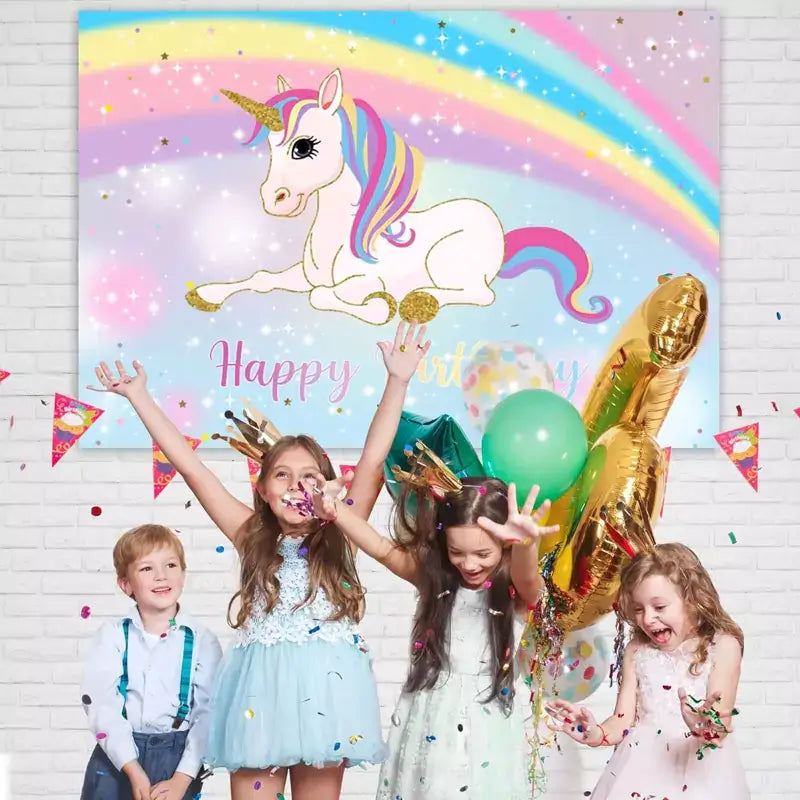 Rainbow unicorn party banner with glitter stars, pastel background, and adorable unicorn illustration – ideal for magical birthday celebrations.