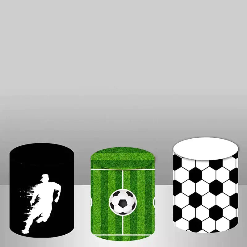 Set of three cylindrical pedestal covers featuring football-related designs, including a soccer ball on the field, a player silhouette, and soccer ball patterns.