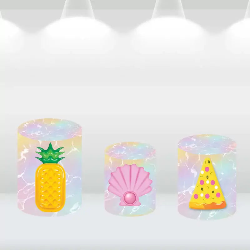 Set of three cylindrical pedestal covers featuring a pineapple float, seashell, and pizza slice, perfect for complementing a pool party-themed backdrop.