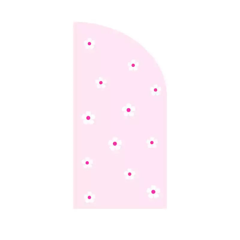 Right arch with scattered white and pink daisy flower pattern on a solid blush pink background.