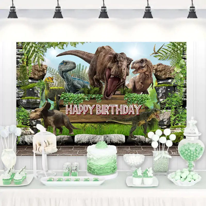 Dinosaur-themed birthday party backdrop with T-Rex, Velociraptor, and other dinosaurs in a jungle setting – Happy Birthday banner ideal for kids' celebrations