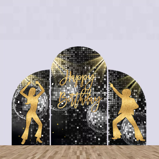 Three-panel disco birthday backdrop with gold male and female dancers, silver mirror balls, “Happy Birthday” text, and a black sparkling background.