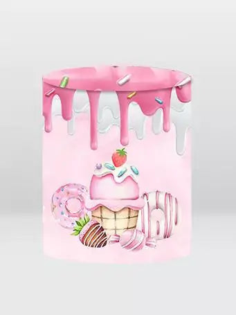 pink drip cake backdrop cylinder cover with donuts and ice cream