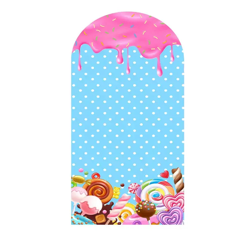 Center panel with blue polka dots, pink frosting drip, and candy assortment at the base—lollipops, cupcakes, and more.