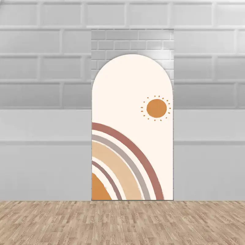 Right panel with abstract terracotta rainbow and dotted sun illustration—perfect for boho-style gender-neutral baby showers or nursery themes.