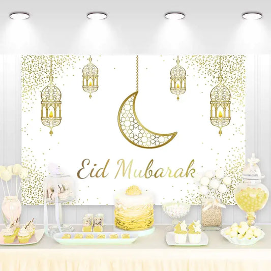 Elegant Eid Mubarak backdrop with gold crescent moon, ornate lanterns, and confetti sparkle design – perfect for Eid celebrations and festive decor.