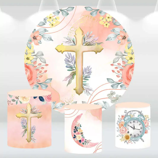 Cross-themed round backdrop featuring a golden cross with floral designs, paired with three matching cylindrical pedestal covers adorned with floral cross, moon, and clock patterns
