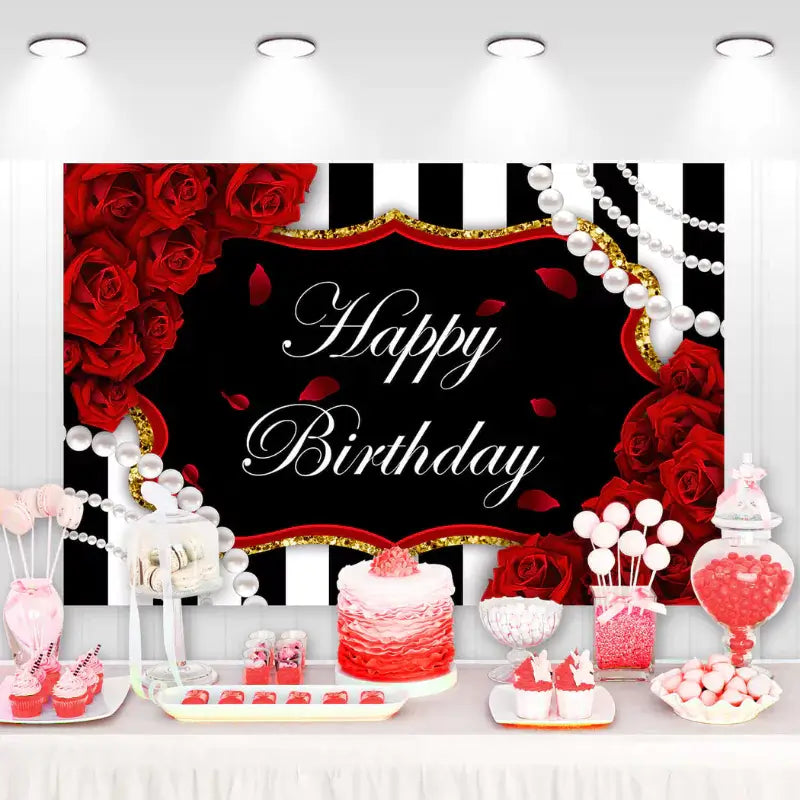 Elegant birthday backdrop with black and white stripes, red roses, pearl garlands, and gold glitter accents – perfect for glamorous birthday parties