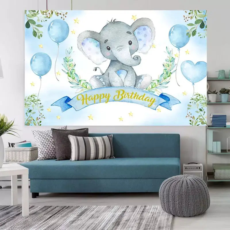 Cute elephant-themed birthday backdrop with watercolor-style elephant, heart-shaped balloons, stars, and leafy greenery – ideal for a toddler or baby boy party.