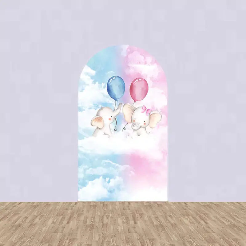 Center panel featuring two baby elephants in the clouds holding blue and pink balloons – perfect for gender reveal party decoration.