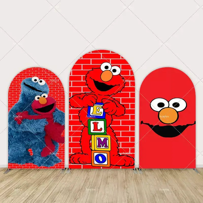 Three-panel Elmo-themed arch backdrop set featuring Cookie Monster and Elmo, alphabet letter blocks, and red brick backgrounds for kids’ birthday parties.