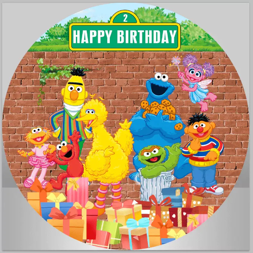 Sesame Street Happy Birthday backdrop with Elmo, Cookie Monster, Big Bird, and more for kids' parties