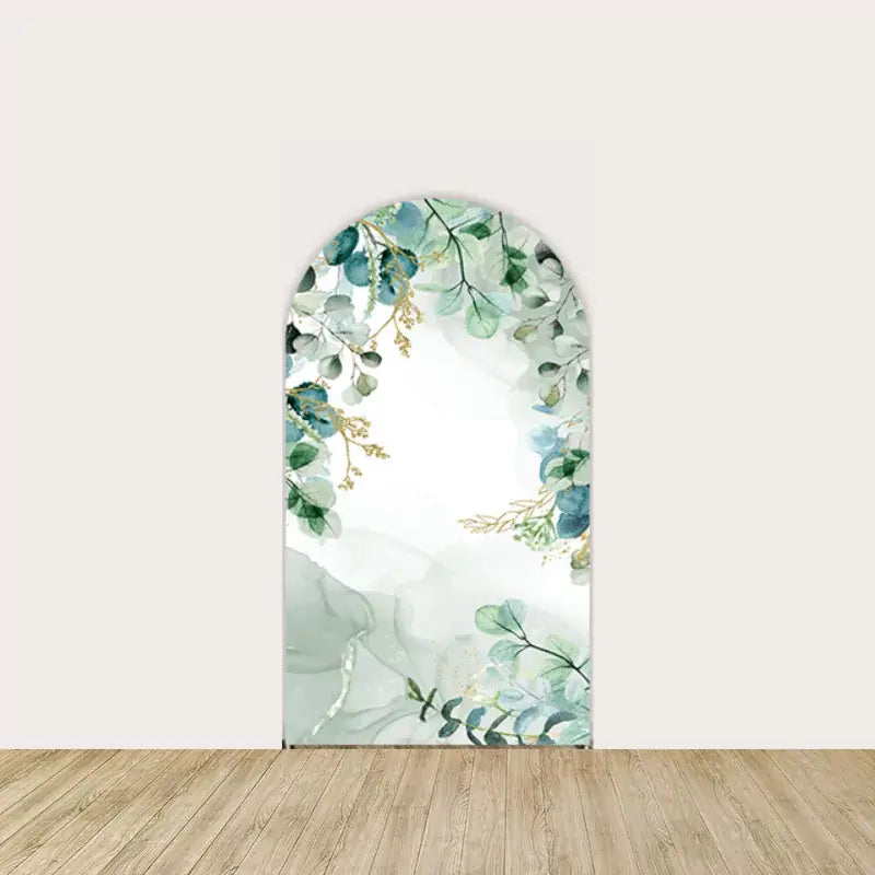 Right panel with soft watercolor-style eucalyptus foliage and golden botanical accents—perfect for serene, religious backdrops.