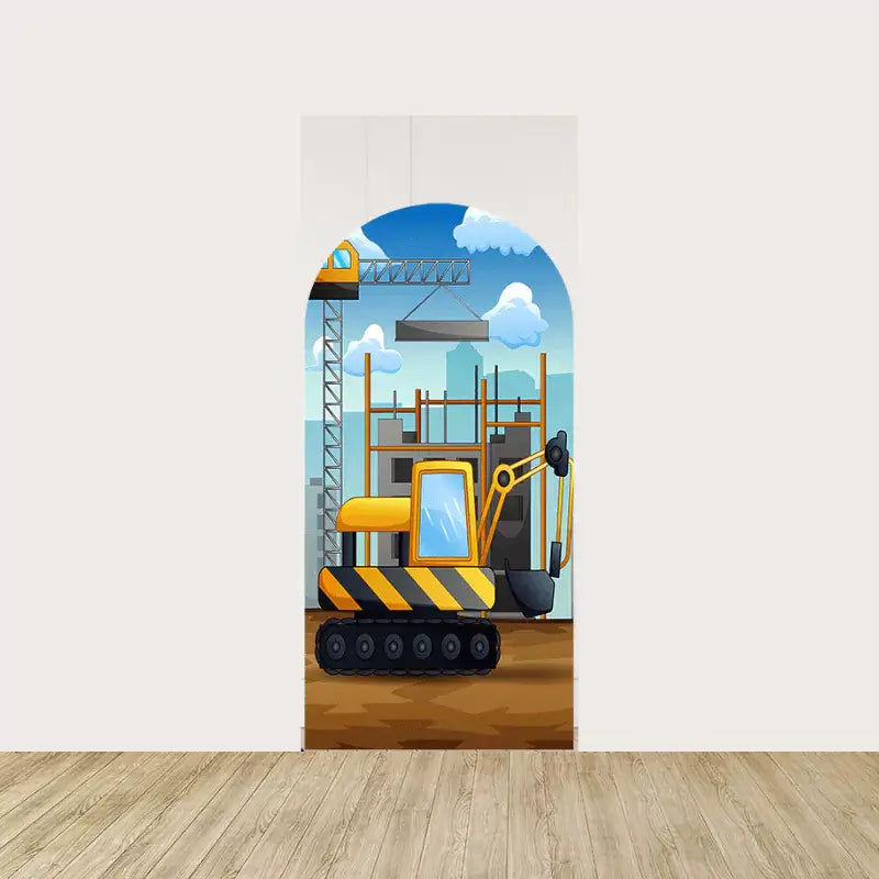 Arch panel with a yellow digger, crane, and skyscrapers under construction—perfect for truck or construction-themed kids’ parties.