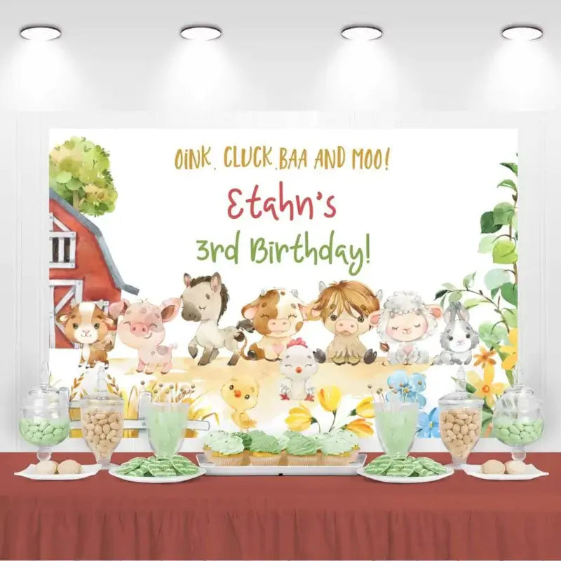 Farm birthday backdrop with watercolor animals and red barn, Ethan’s 3rd Birthday theme.