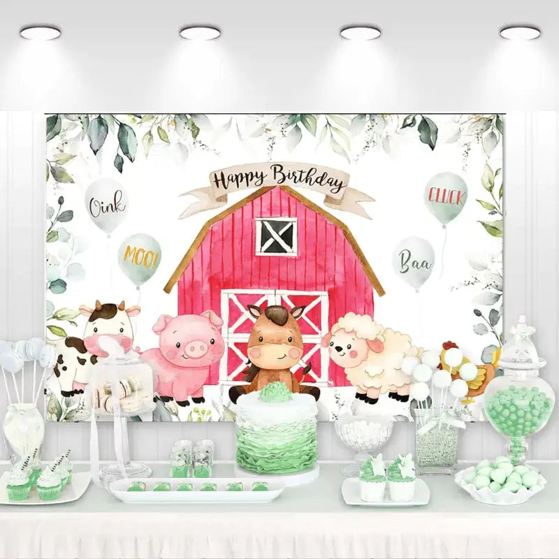 Farm animal birthday backdrop with red barn, cow, pig, horse, and sheep decorations.