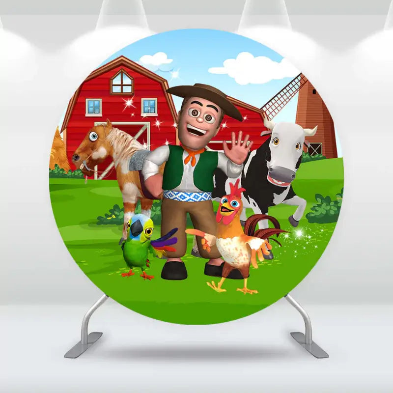 Farm-themed birthday party backdrop with farmer, cow, horse, and chickens in front of a red barn.